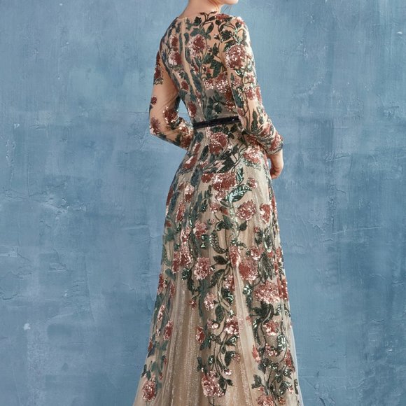 NEW MOTHER OF BRIDE GLITTERY Scoop Neck  Long Sleeve Evening Dress  GOWN ALA0926 - Picture 2 of 5